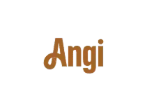 The image displays the word "Angi" in bold, orange-brown text on a black background.