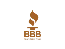 Brown Better Business Bureau (BBB) logo featuring a stylized flame above the letters "BBB" and the tagline "Start With Trust" underneath.